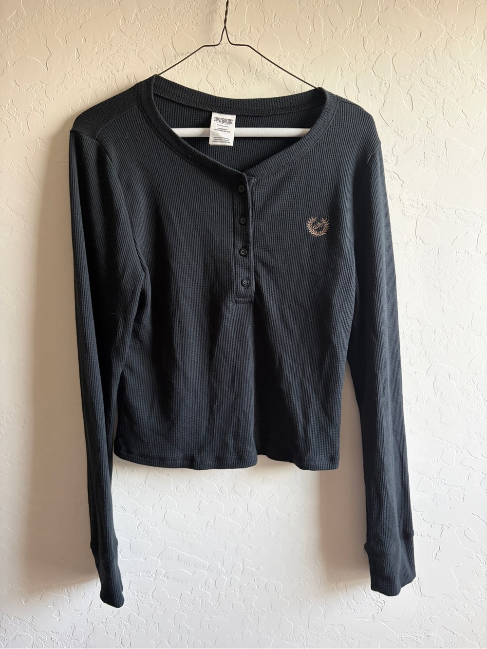 PINK Victoria's Secret Black Waffle Henley Long Sleeve Top